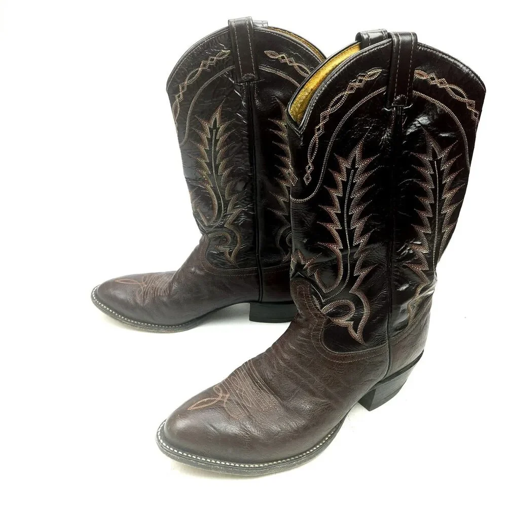 Vintage Tony Lama 6703 Men's 10 D Cowboy Western Boots Brown Black Leather